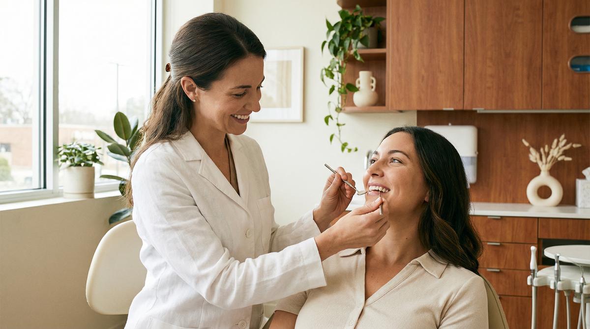 Dentist applying composite resin to a tooth