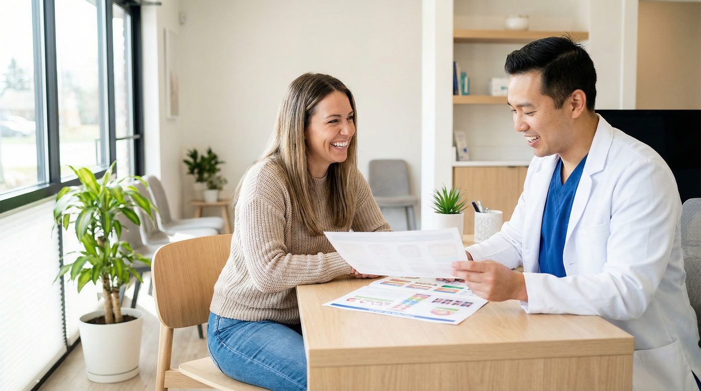 Patient reviewing veneer cost options with dentist