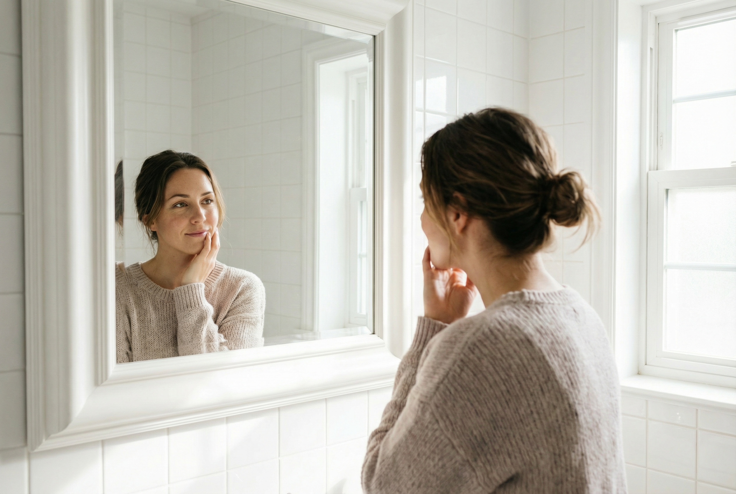 Person examining smile in mirror
