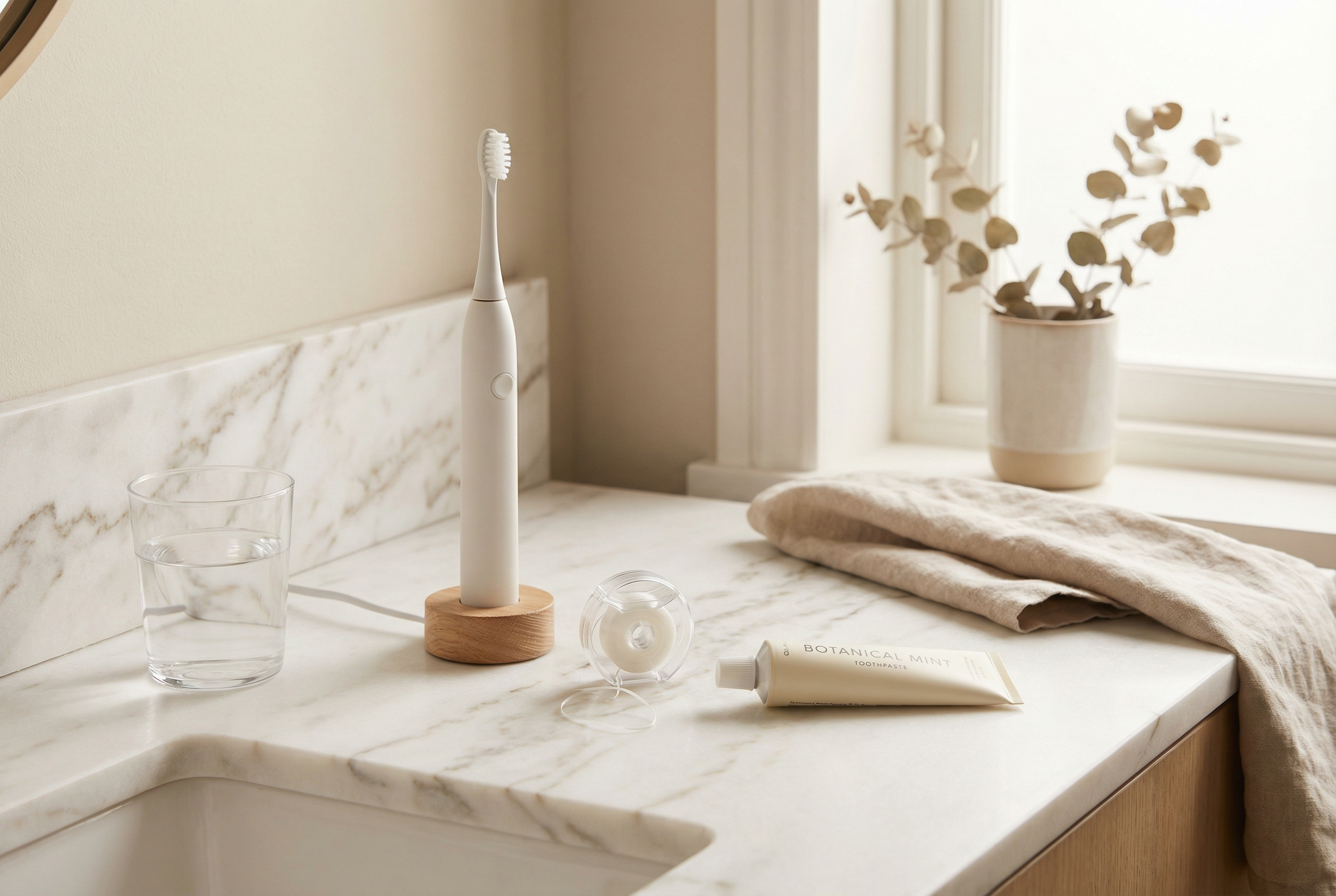 Premium dental care products on a marble counter