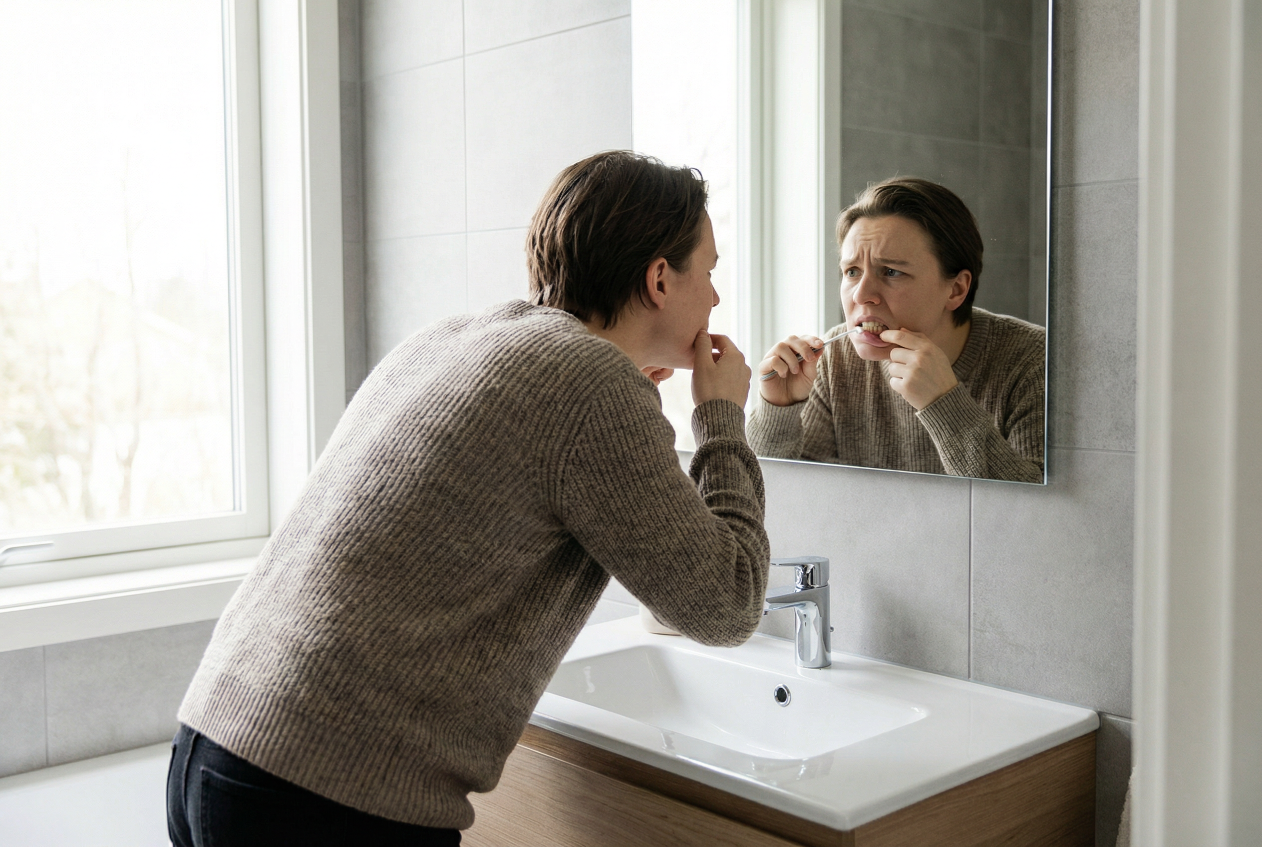Person examining their teeth with concern in a bathroom mirror