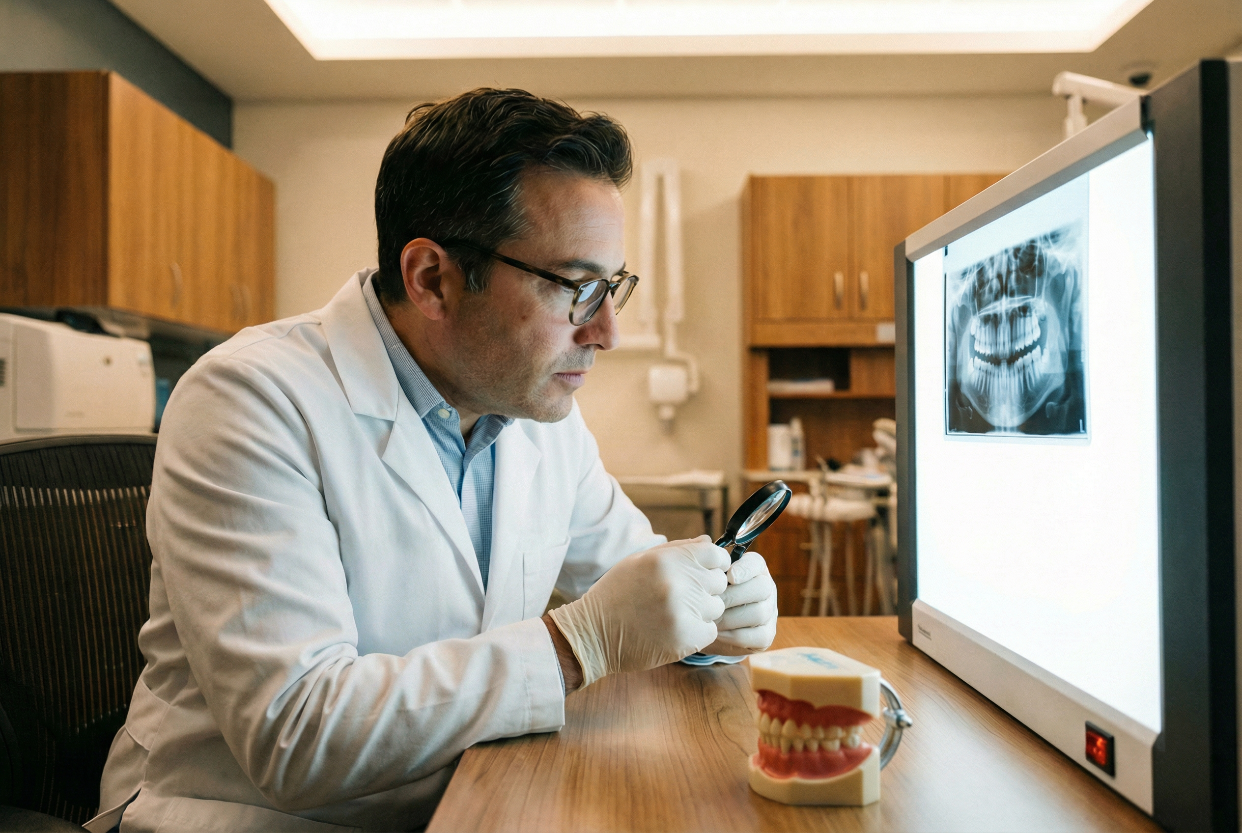 Dentist reviewing dental X-rays and examining a dental model
