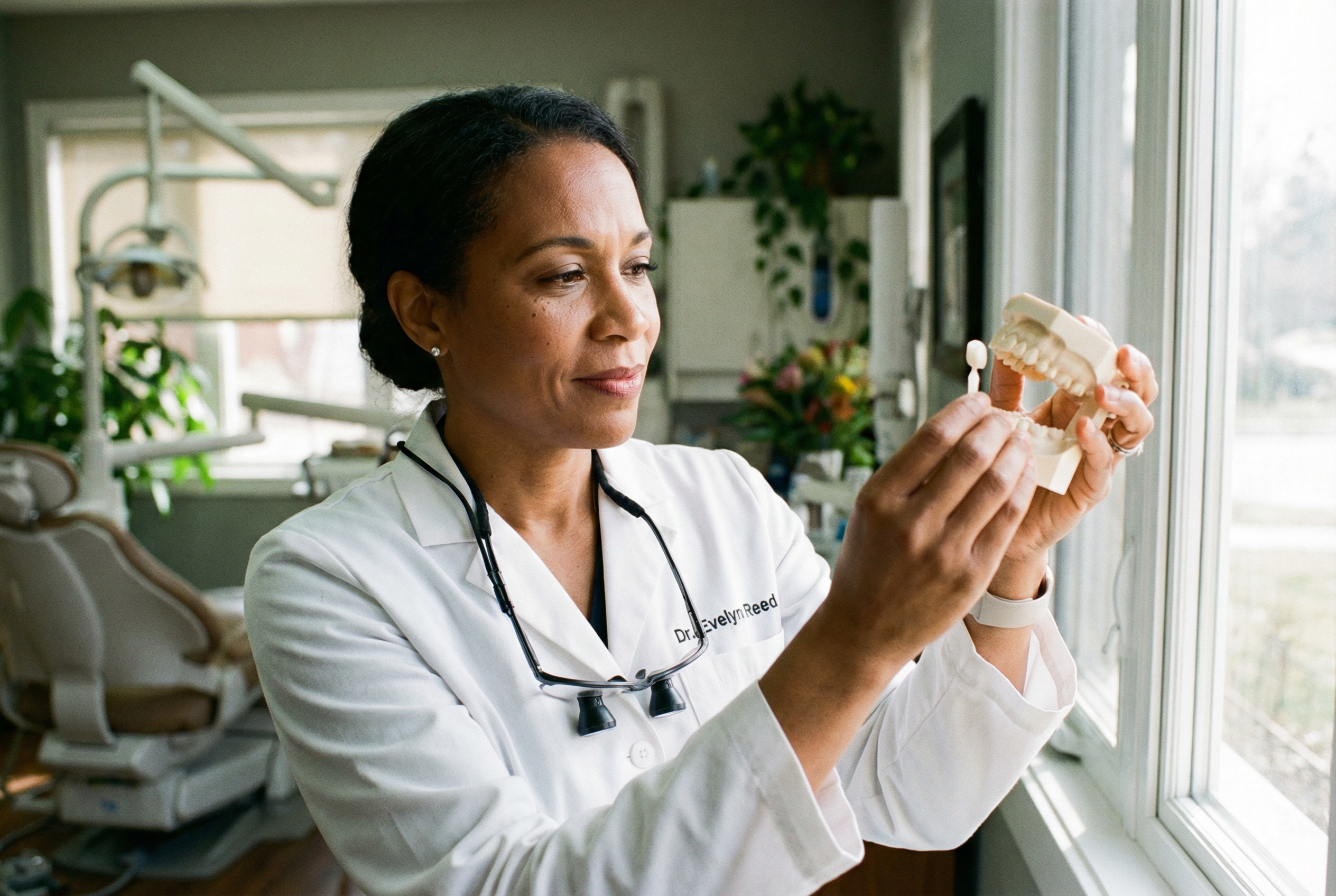 Dentist carefully examining a dental model