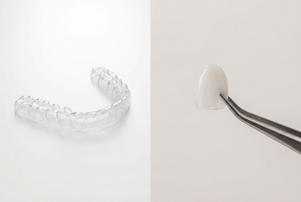 Invisalign aligner tray next to a porcelain veneer