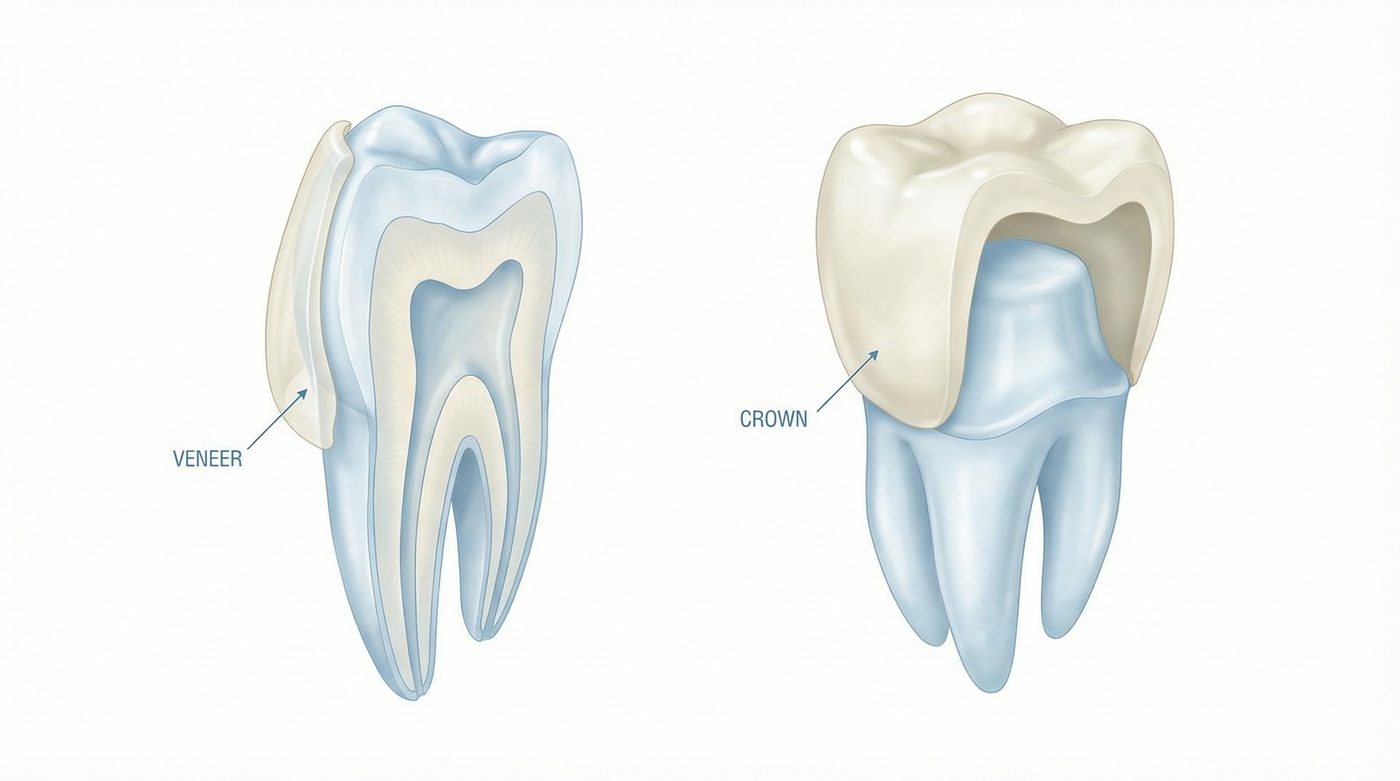 Dental veneer versus dental crown illustration