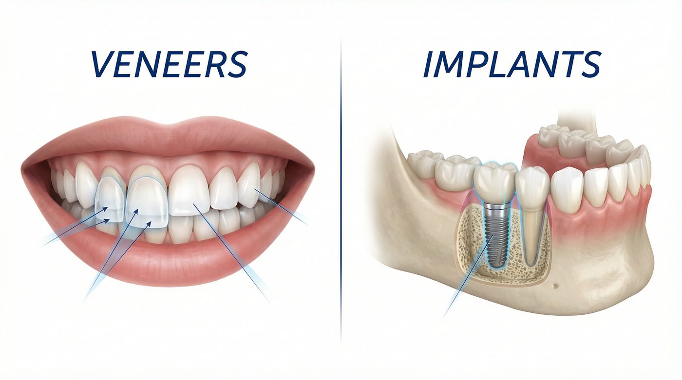 Veneers versus dental implants comparison illustration