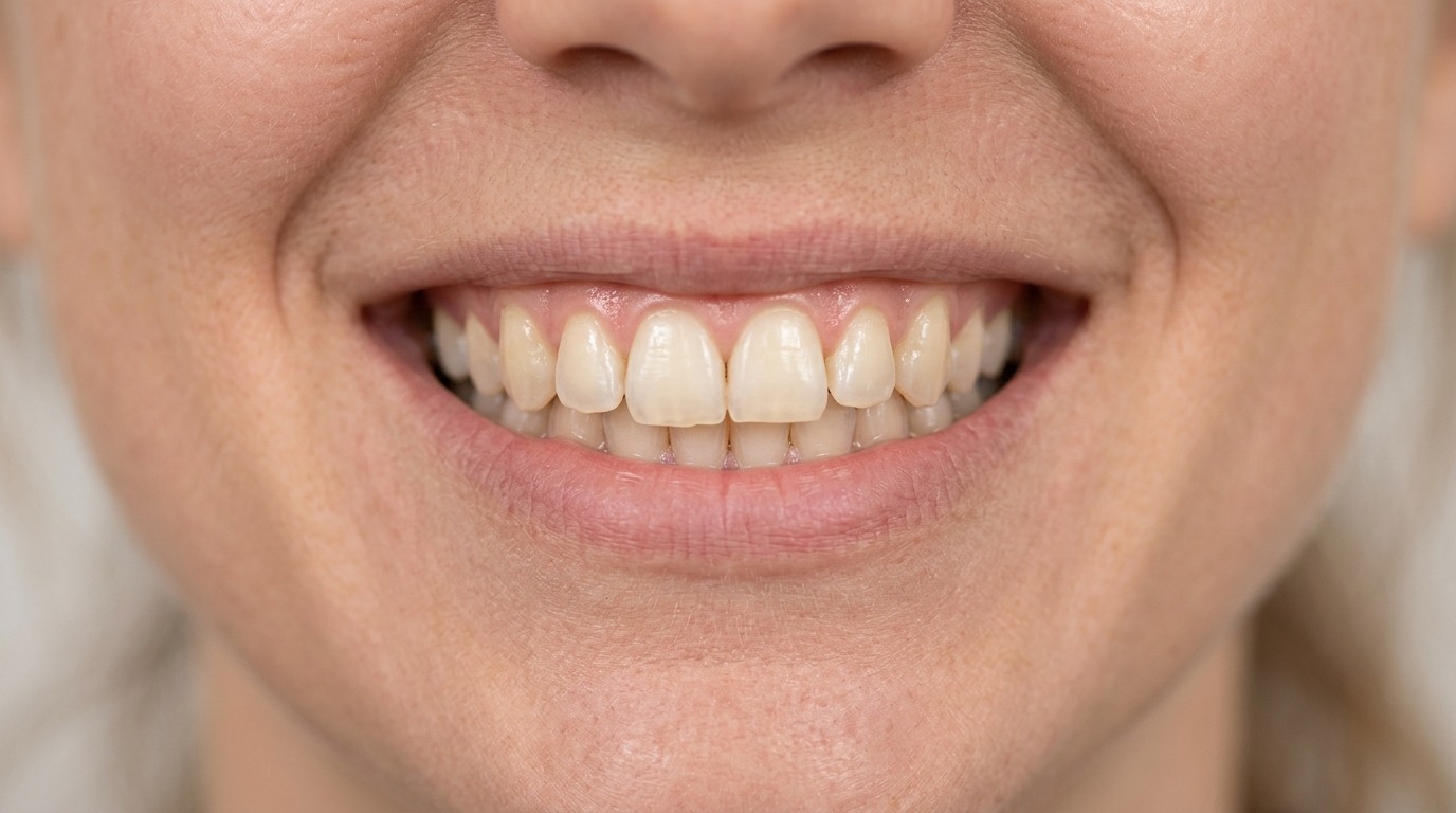 Educational example of straight teeth needing cosmetic refinement after braces
