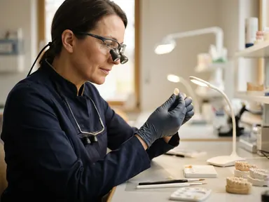 Dental ceramic specialist inspecting a veneer