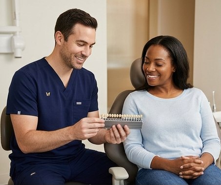 Patient discussing veneer candidacy with a cosmetic dentist