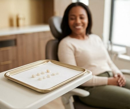 Porcelain veneer shells displayed beside a natural smile