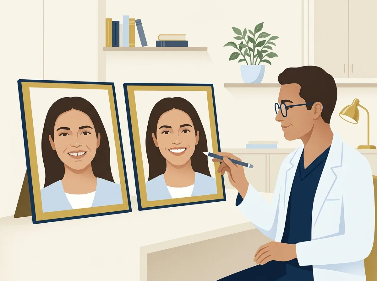 Illustration of a clinician reviewing two patient smile portraits