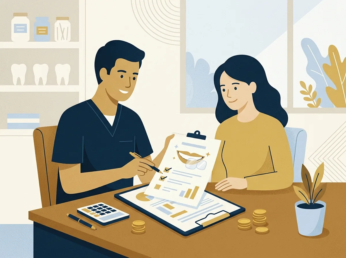 Illustration of a dentist and patient reviewing veneer costs