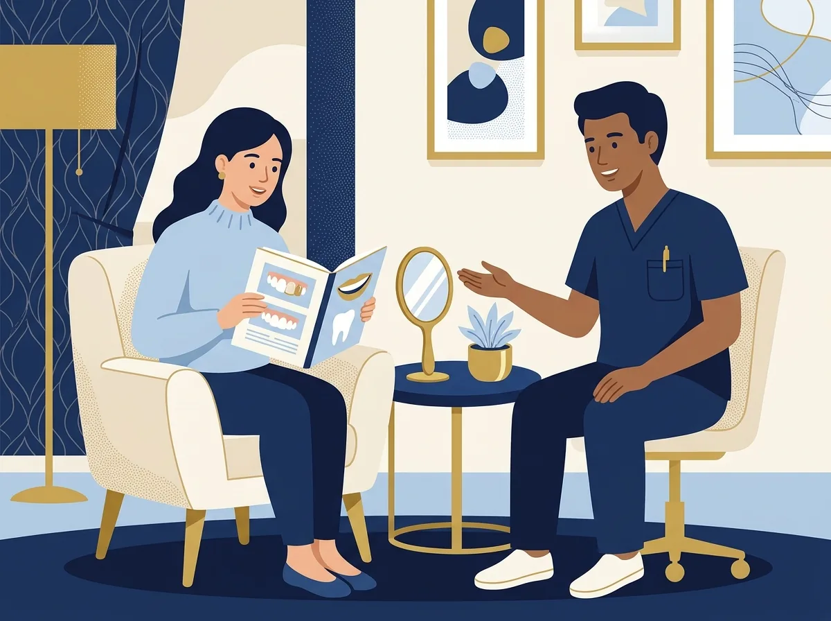 Illustration of a patient learning about veneers with a clinician