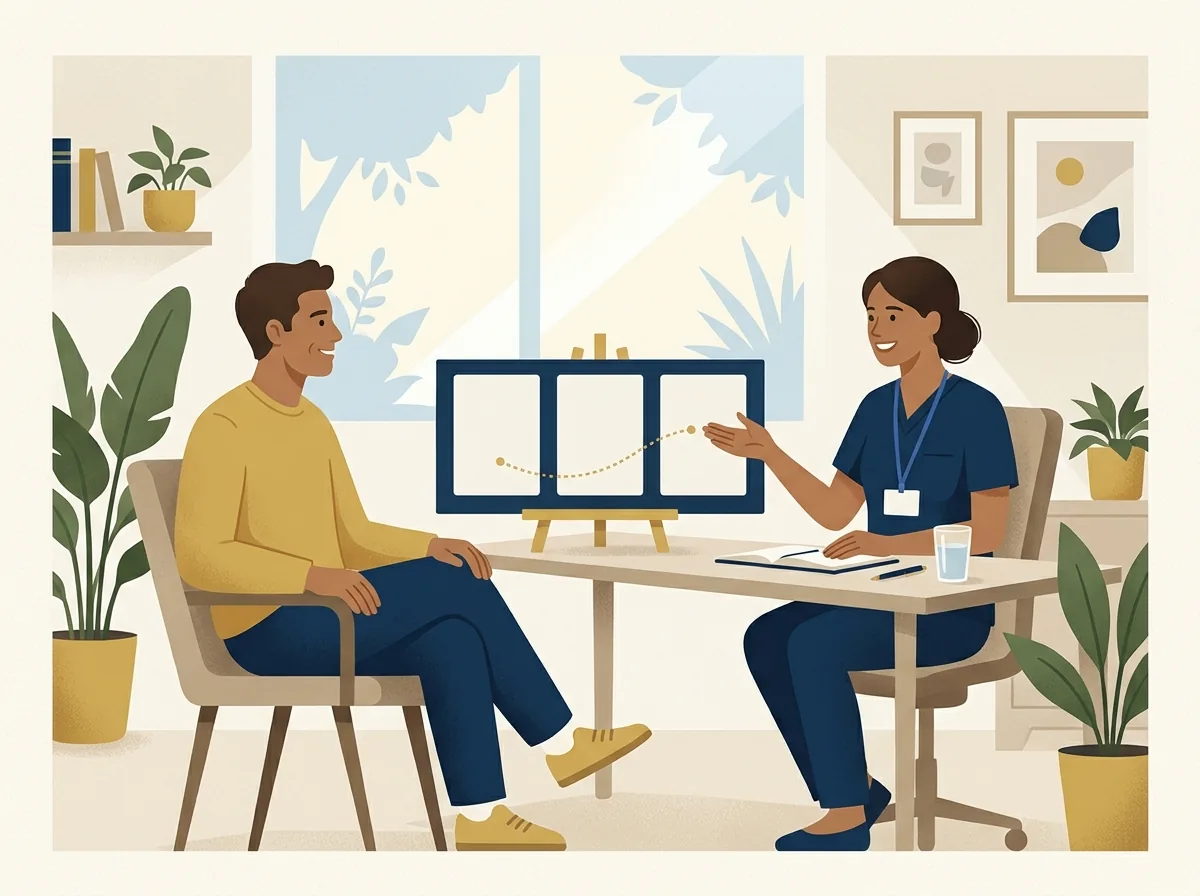 Illustration of a dentist explaining the veneer procedure to a patient